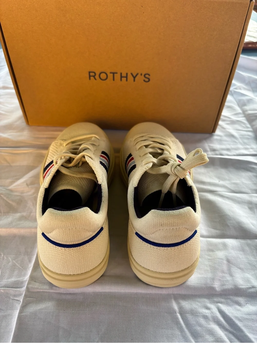 Rothy's Cream Knit Sneakers with Navy, Red & Light Blue Stripes